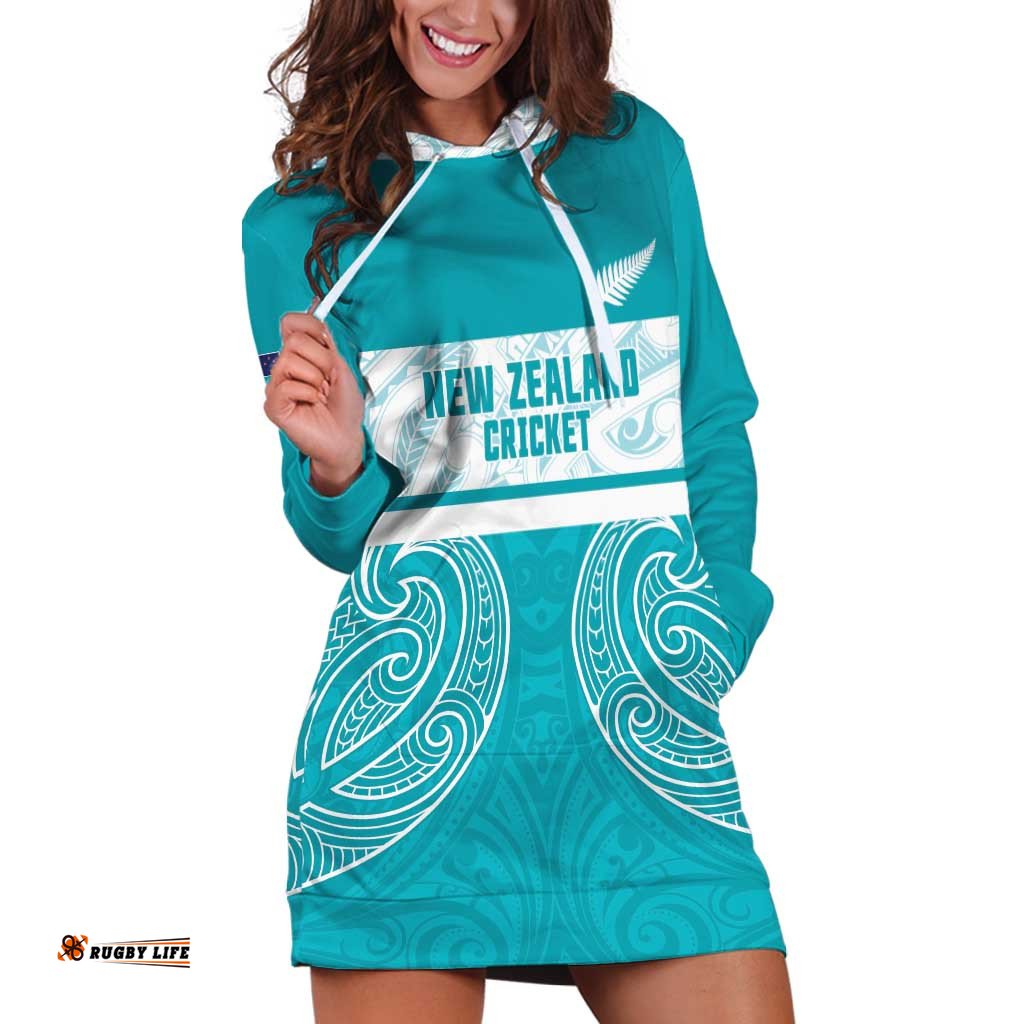 New Zealand Silver Fern Cricket Custom Hoodie Dress Black Cap Teal Maori Pattern LT14