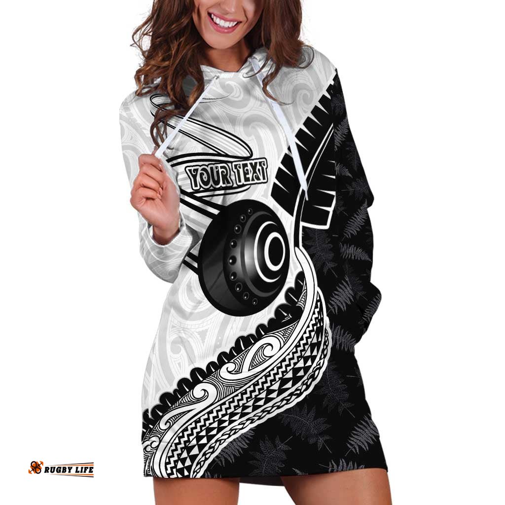 Personalised Aotearoa Lawn Bowls Hoodie Dress Maori and Silver Fern Half Style LT03