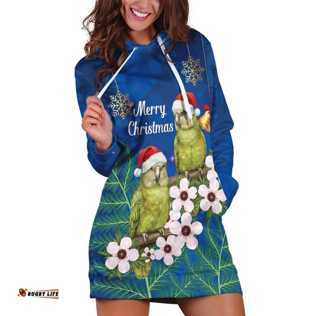 New Zealand Kakapo Christmas Hoodie Dress Owl Parrot Santa Sliver Fern Manuka - Blue LT14
