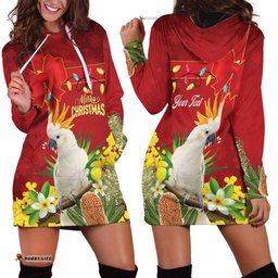 Personalised Australia Sulphur-crested Cockatoo Christmas Hoodie Dress Aussie Native Flowers Merry Xmas LT14