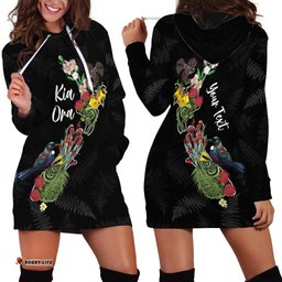Kia Ora New Zealand Floral Personalized Hoodie Dress Black LT7
