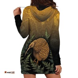 New Zealand Kiwi Bird Hoodie Dress Silver Fern Mix Maori Pattern LT05