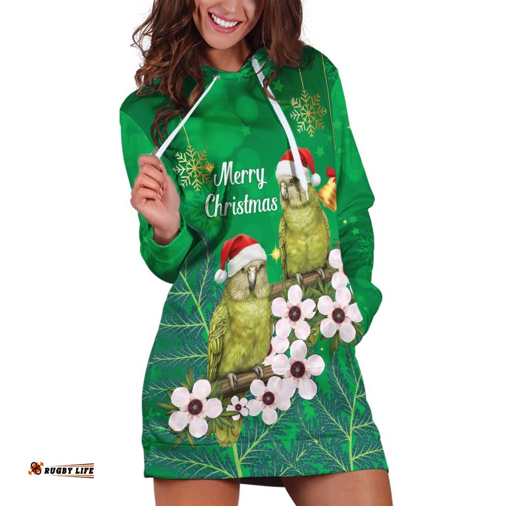 New Zealand Kakapo Christmas Hoodie Dress Owl Parrot Santa Sliver Fern Manuka - Green LT14