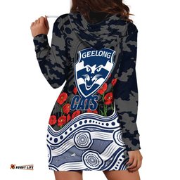 Geelong Cats ANZAC Day Hoodie Dress Indigenous Dot Art with Poppy Flower Tribute TS04