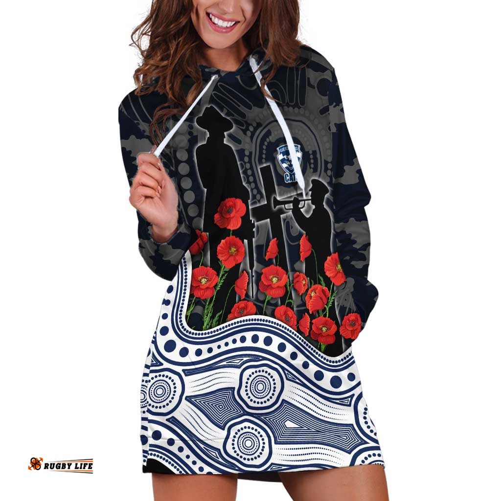 Geelong Cats ANZAC Day Hoodie Dress Indigenous Dot Art with Poppy Flower Tribute TS04