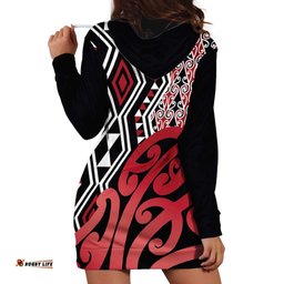 New Zealand Hoodie Dress Aotearoa Kowhaiwhai Mix Taniko Art - Red LT14