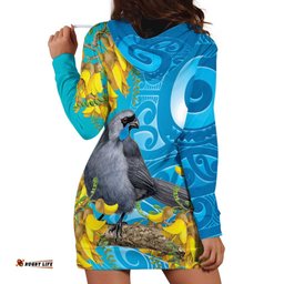 New Zealand Kokako Bird Hoodie Dress Maori Koru With Kowhai Flowers LT05
