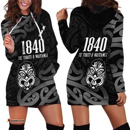 New Zealand 1840 Waitangi Day Hoodie Dress Aotearoa Haka Mask - Black Version LT14