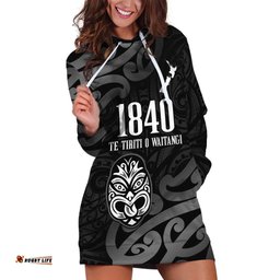 New Zealand 1840 Waitangi Day Hoodie Dress Aotearoa Haka Mask - Black Version LT14