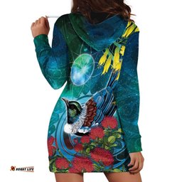 New Zealand Tui Bird Hoodie Dress Maori Koru With Pohutukawa Galaxy Style LT05