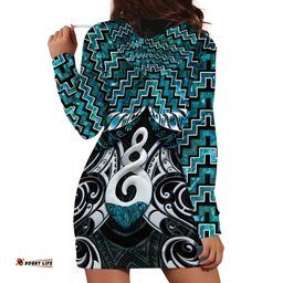 New Zealand Maori Hoodie Dress Poutama Pikorua Turquoise Paua Shell LT05