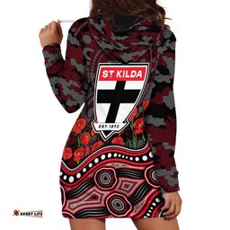 St Kilda Saints ANZAC Day Hoodie Dress Indigenous Dot Art with Poppy Flower Tribute TS04