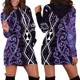 Purple Aotearoa Hoodie Dress Taniko Motifs With Paua Shell Kowhaiwhai LT14