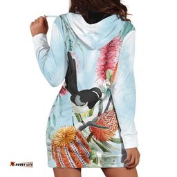 Willie wagtail Australia Hoodie Dress Banksia Bottlebrushes Watercolor Stylized LT14