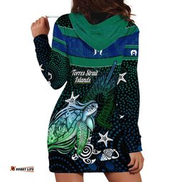 Torres Strait Islands Sea Turtle and Dhari Hoodie Dress Oceanic Indigenous Dotwork Tribal Illustration TS04