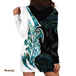 Proud Aotearoa Hoodie Dress Maori Silver Fern Mix Paua Shell Pattern LT14