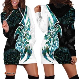 Proud Aotearoa Hoodie Dress Maori Silver Fern Mix Paua Shell Pattern LT14