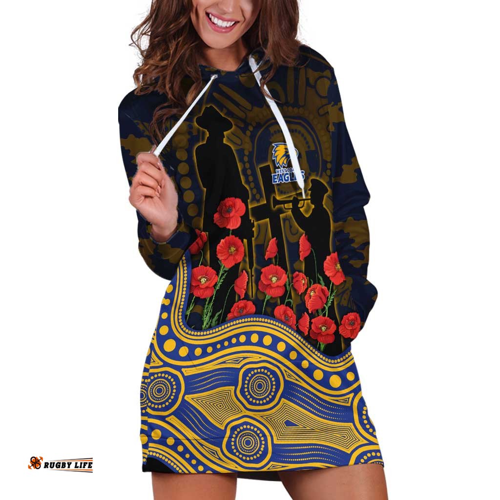 West Coast Eagles ANZAC Day Hoodie Dress Indigenous Dot Art with Poppy Flower Tribute TS04