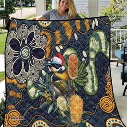 Aussie Honeyeaters Banksia Christmas Quilt Aboriginal Dots Painting Blue Motif LT9