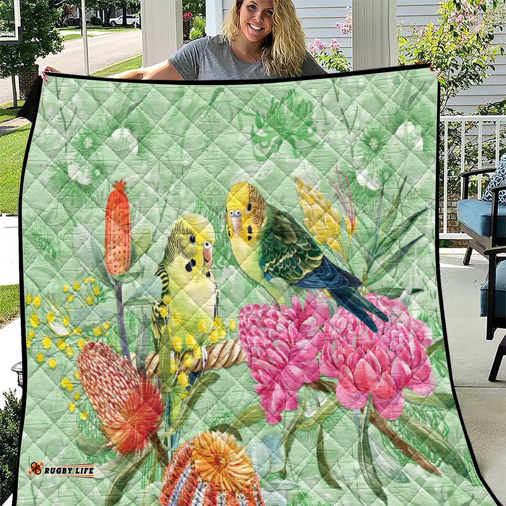 Birds and Floral Aussie Budgerigars Quilt Mint Opal LT7