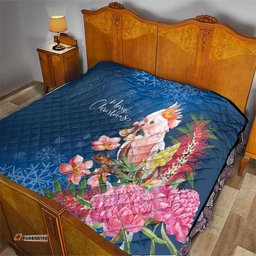 Australia Christmas Pink Cockatoo with Banksia Quilt Snowy Blue LT7
