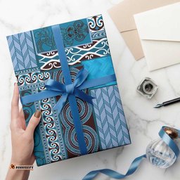 Blue Aotearoa Kowhaiwhai Pattern Wrapping Paper NZ Maori Quilt Style LT14