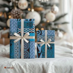 Blue Aotearoa Kowhaiwhai Pattern Wrapping Paper NZ Maori Quilt Style LT14
