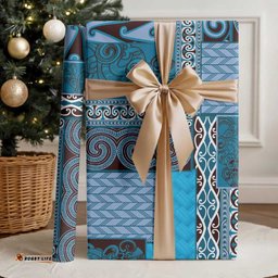 Blue Aotearoa Kowhaiwhai Pattern Wrapping Paper NZ Maori Quilt Style LT14