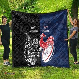 France And New Zealand Rugby Quilt Les Bleus Rooster With Maori Tiki LT05