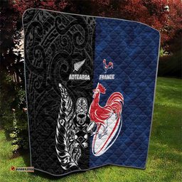 France And New Zealand Rugby Quilt Les Bleus Rooster With Maori Tiki LT05