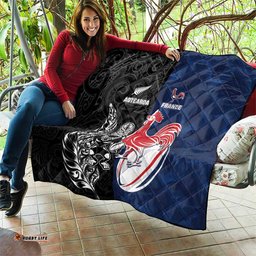 France And New Zealand Rugby Quilt Les Bleus Rooster With Maori Tiki LT05