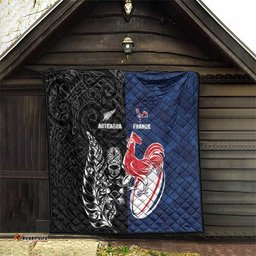 France And New Zealand Rugby Quilt Les Bleus Rooster With Maori Tiki LT05