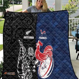 France And New Zealand Rugby Quilt Les Bleus Rooster With Maori Tiki LT05