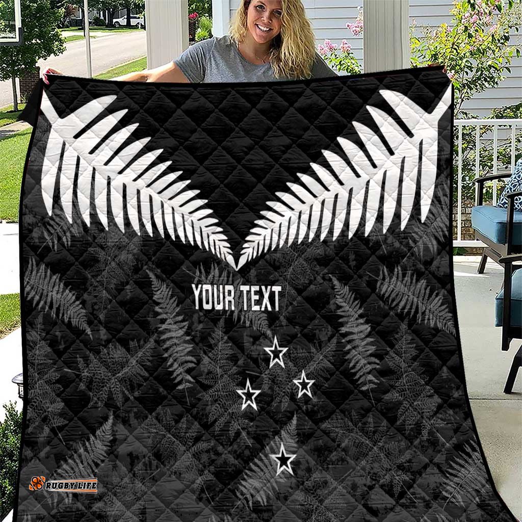 Custom New Zealand Silver Fern Football Quilt Go Aotearoa Grunge Black LT14