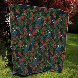 New Zealand Christmas Quilt Romantic Tui Birds on Pohutukawa - Cobalt LT7