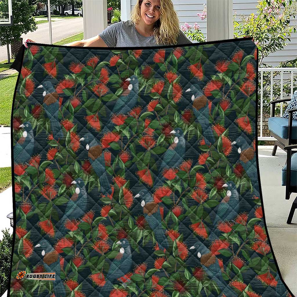 New Zealand Christmas Quilt Romantic Tui Birds on Pohutukawa - Cobalt LT7