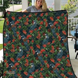 New Zealand Christmas Quilt Romantic Tui Birds on Pohutukawa - Cobalt LT7