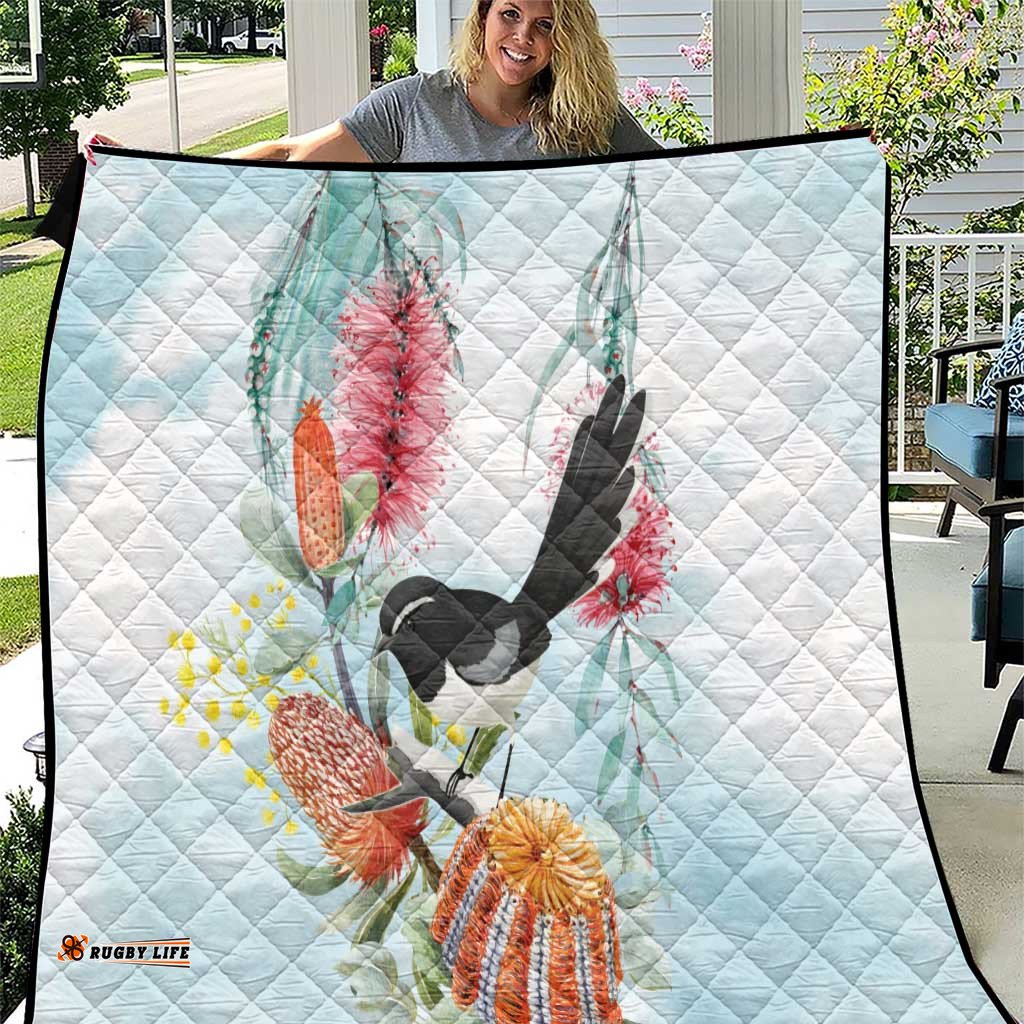 Willie wagtail Australia Quilt Banksia Bottlebrushes Watercolor Stylized LT14