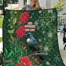 Tui Meri Kirihimete Personalised Quilt Pohutukawa Flowers Green Motif LT9