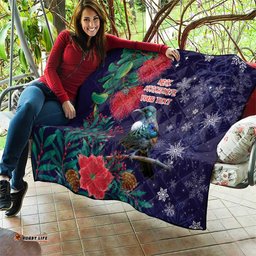Tui Meri Kirihimete Personalised Quilt Pohutukawa Flowers Blue Motif LT9
