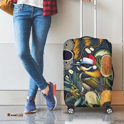 Aussie Honeyeaters Banksia Christmas Luggage Cover Aboriginal Dots Painting Blue Motif LT9