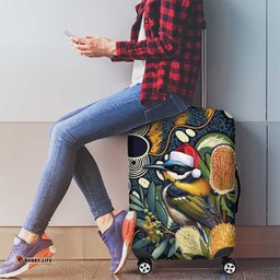 Aussie Honeyeaters Banksia Christmas Luggage Cover Aboriginal Dots Painting Blue Motif LT9