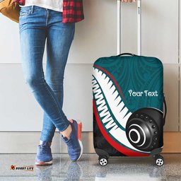 Personalised Aotearoa Lawn Bowls Luggage Cover Maori and Silver Fern Sporty Style Teal Color LT03
