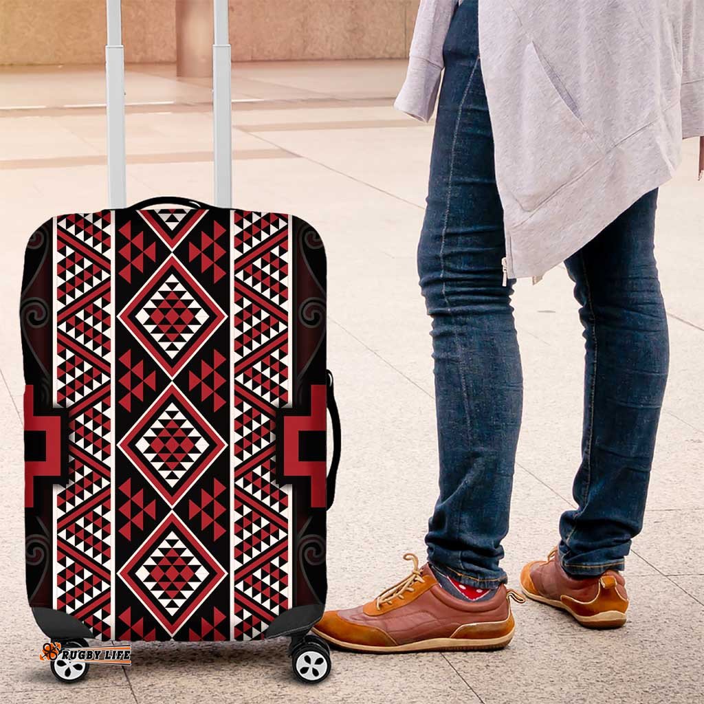 Red Tukutuku Pattern Aotearoa Luggage Cover Niho Taniwha and Puhoro Motifs LT7