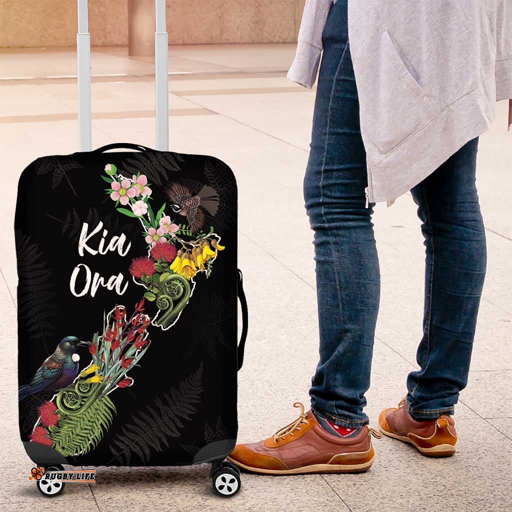 Kia Ora New Zealand Floral Luggage Cover Black LT7