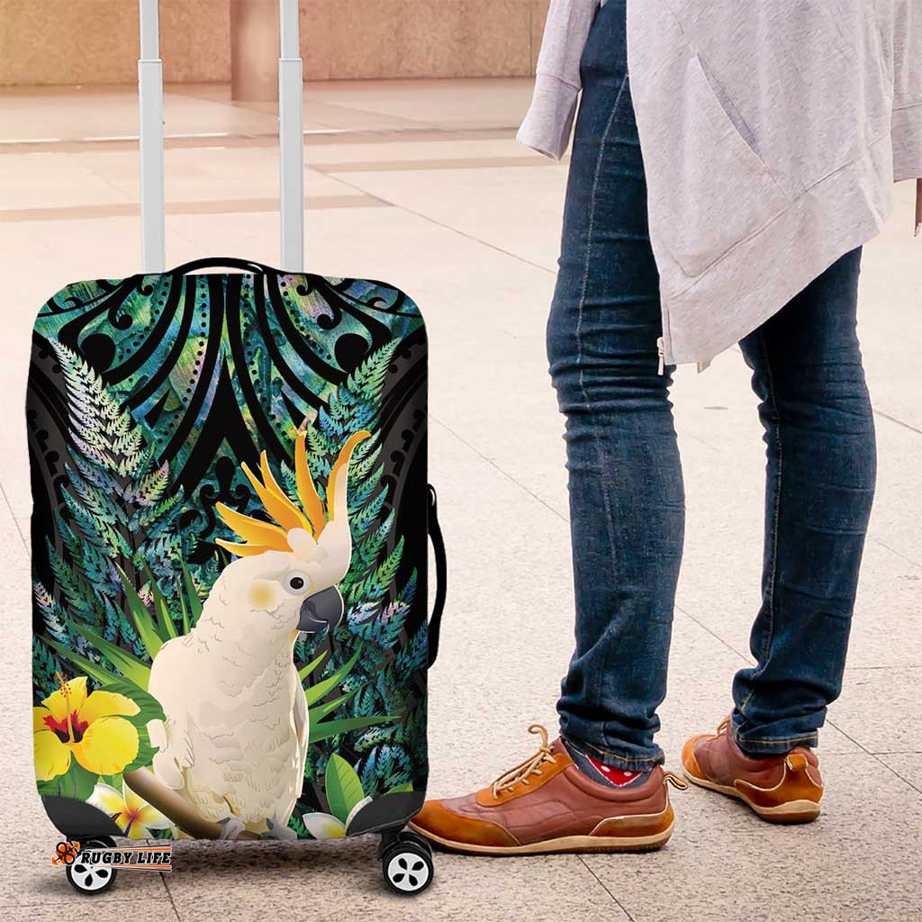 Sulphur-crested Cockatoo New Zealand Luggage Cover Paua Shell Aotearoa Maori Tropical Flowers LT14