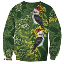Aussie Kokaburra Golden Wattle Christmas Sweatshirt Aboriginal Dots Painting Green Motif LT9