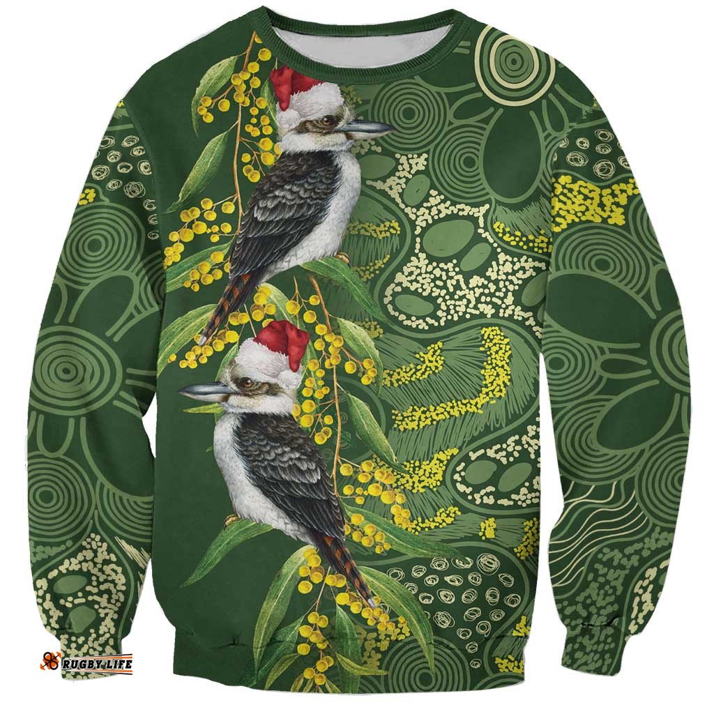 Aussie Kokaburra Golden Wattle Christmas Sweatshirt Aboriginal Dots Painting Green Motif LT9