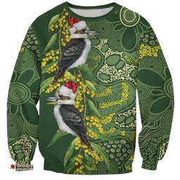Aussie Kokaburra Golden Wattle Christmas Sweatshirt Aboriginal Dots Painting Green Motif LT9