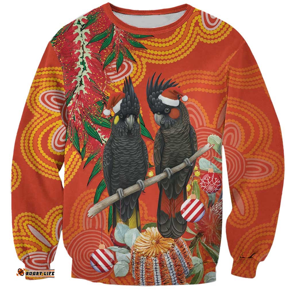 Australia Black Cockatoo Christmas Sweatshirt Banksia Bottlebrush Aboriginal Art LT14